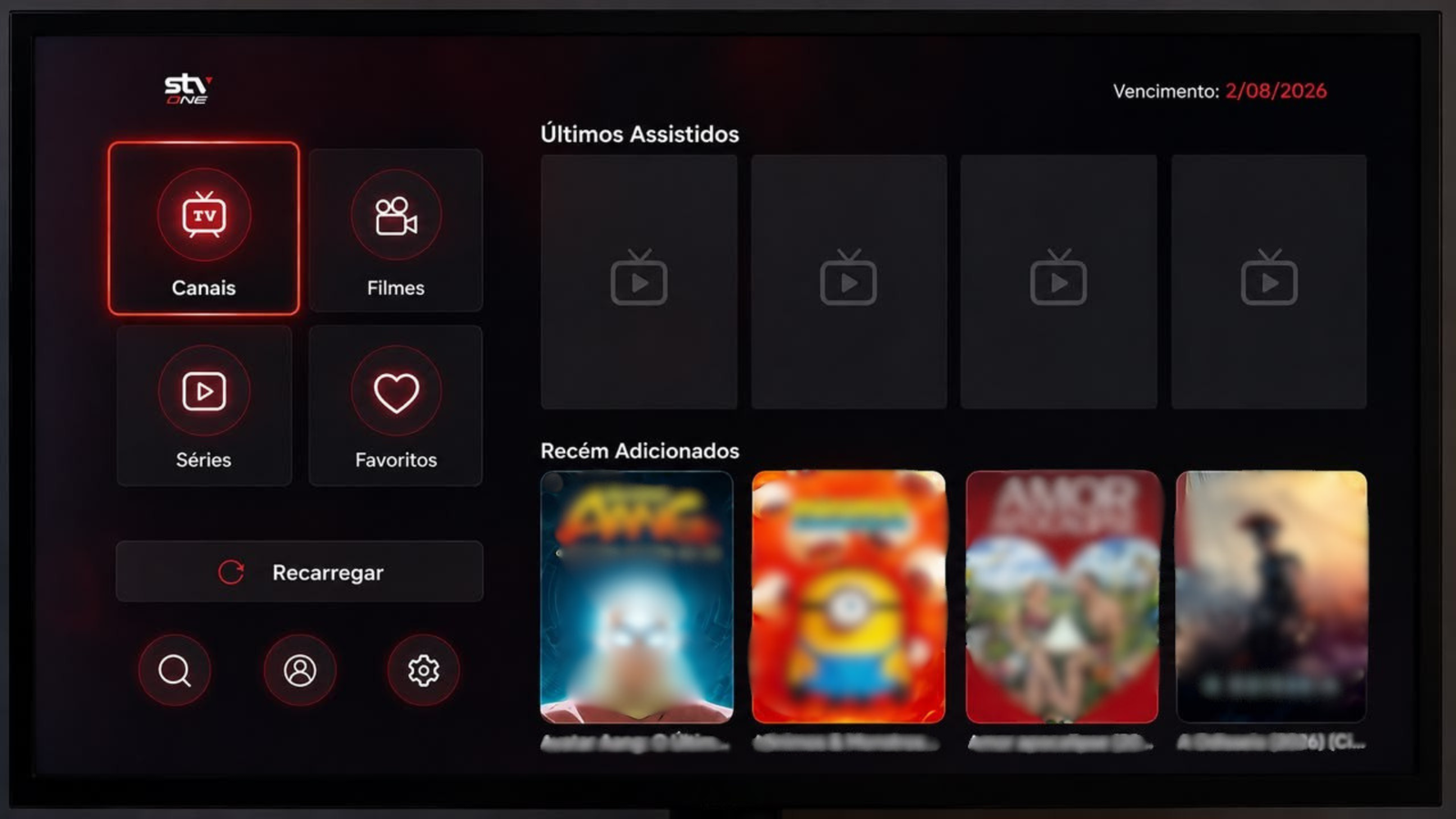 Tela de aplicativo Roku personalizado com login e senha, canais, filmes, séries e favoritos
